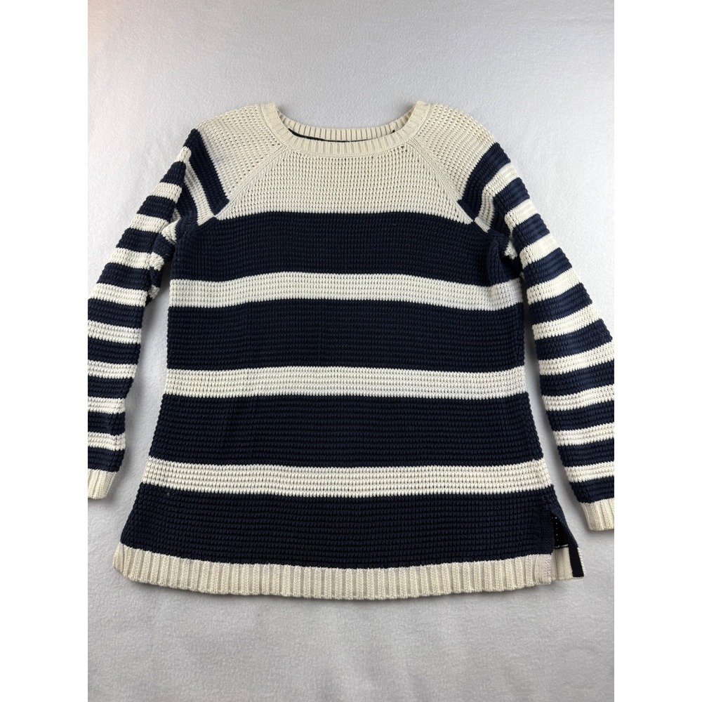 Talbots Petites Striped‎ Knit Sweater Long Sleeve Crew Neck Cotton Cream Navy L